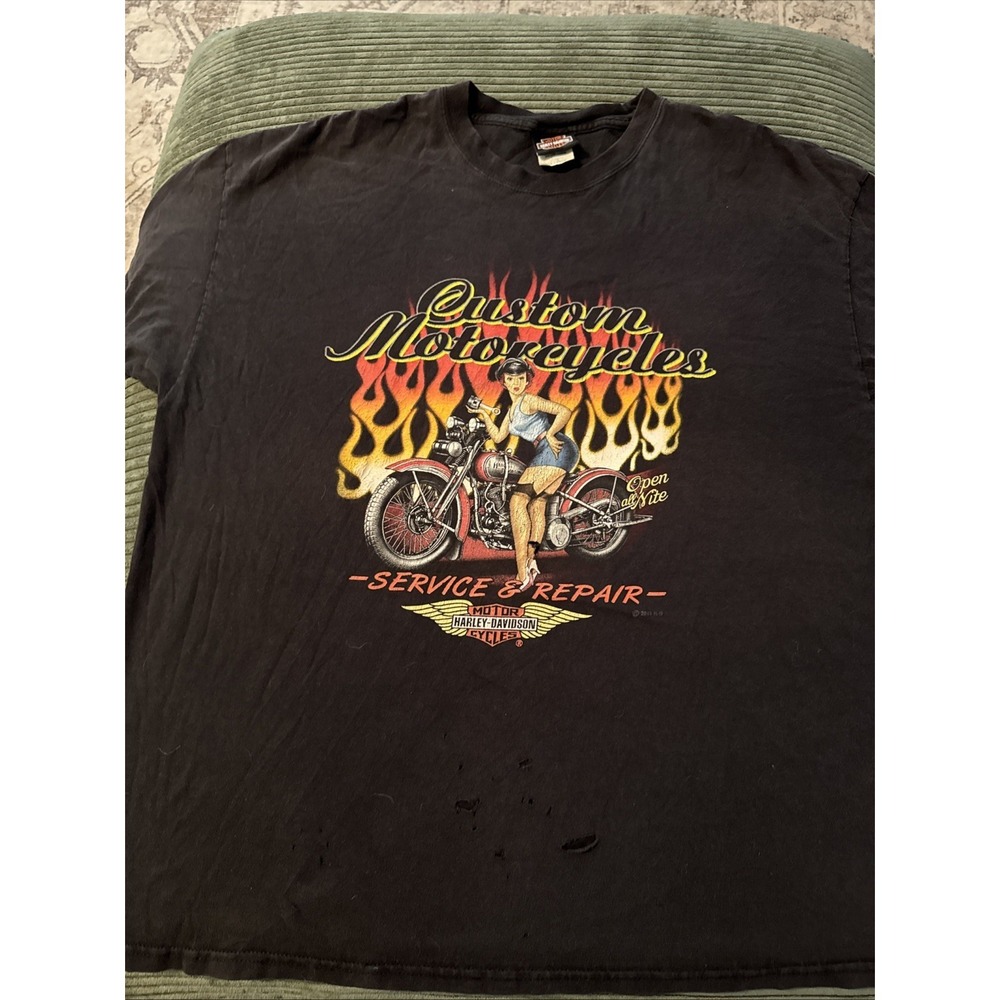 Y2K Harley Davidson Motorcycles Girl Pin Up Flame Shirt 2x Goth Skater Destroyed